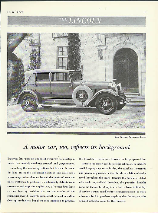 Image for A motor car reflects its background Lincoln Dietrich Convertible Sedan ad 1930